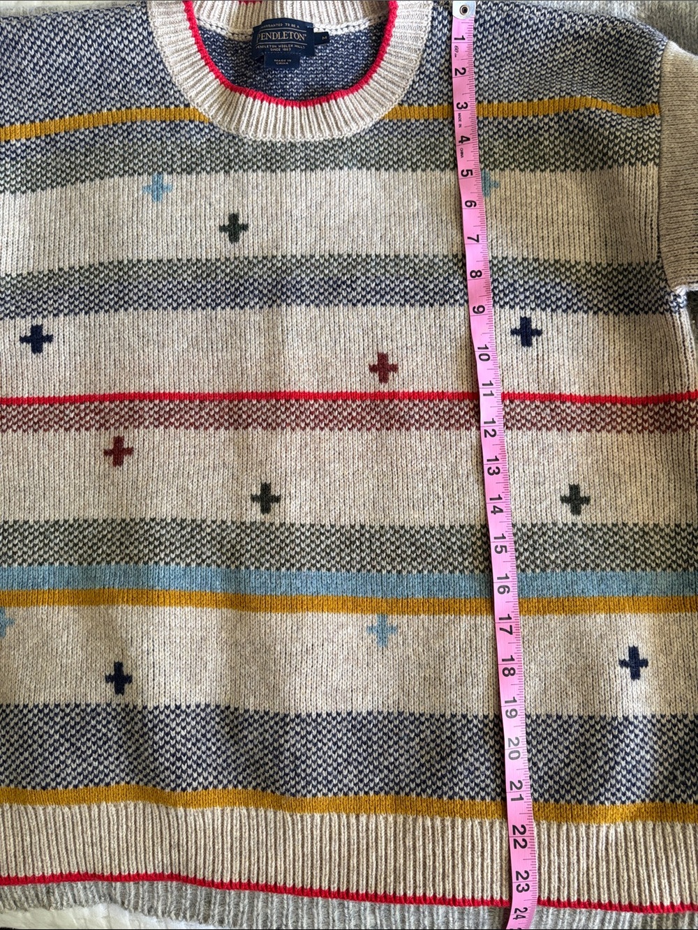 Pendleton Free People Beige Crewneck Sweater with Red Trim and Multi-Stripes - Picture 8 of 8
